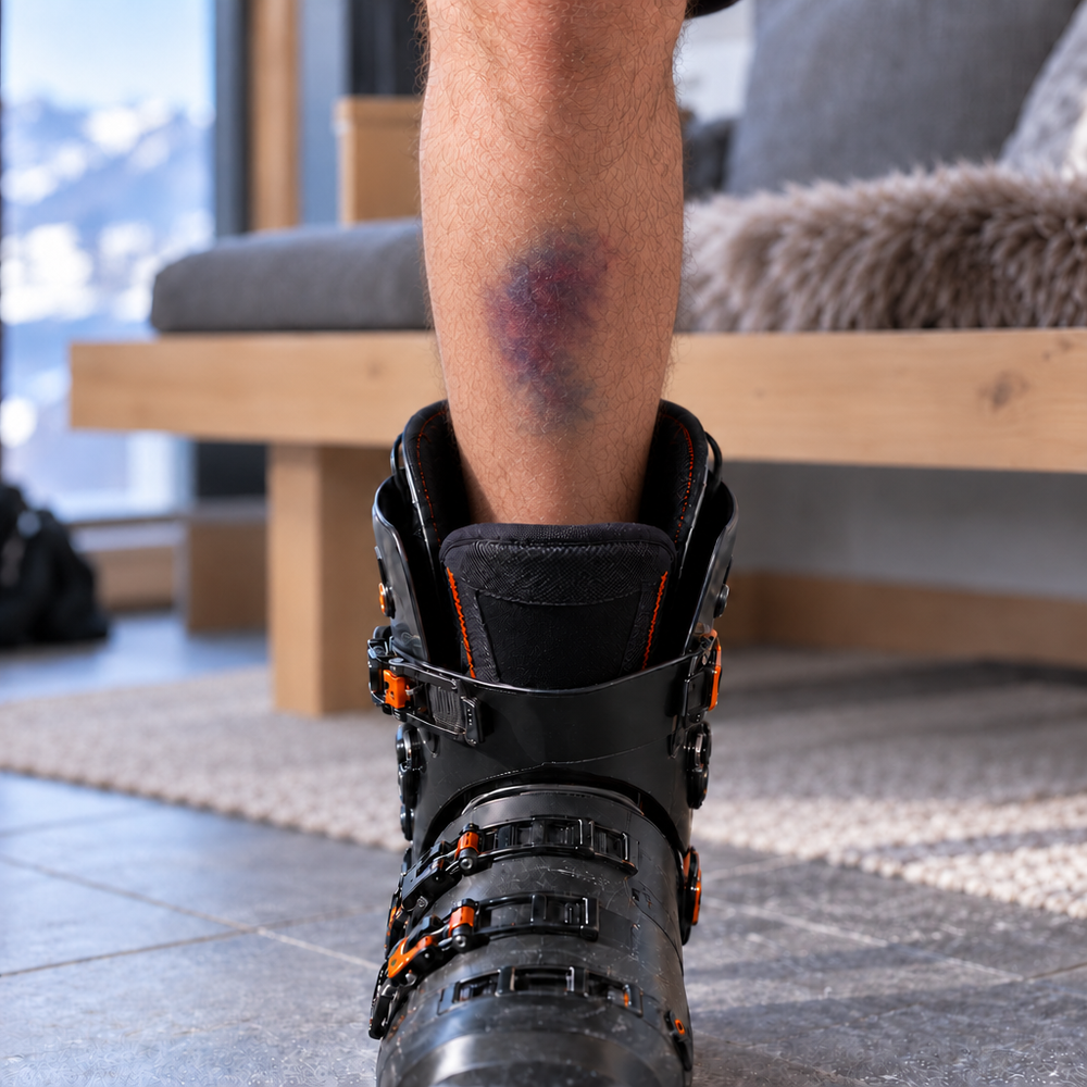 Illustration of a bruised shin without a sleeve inside an open ski boot